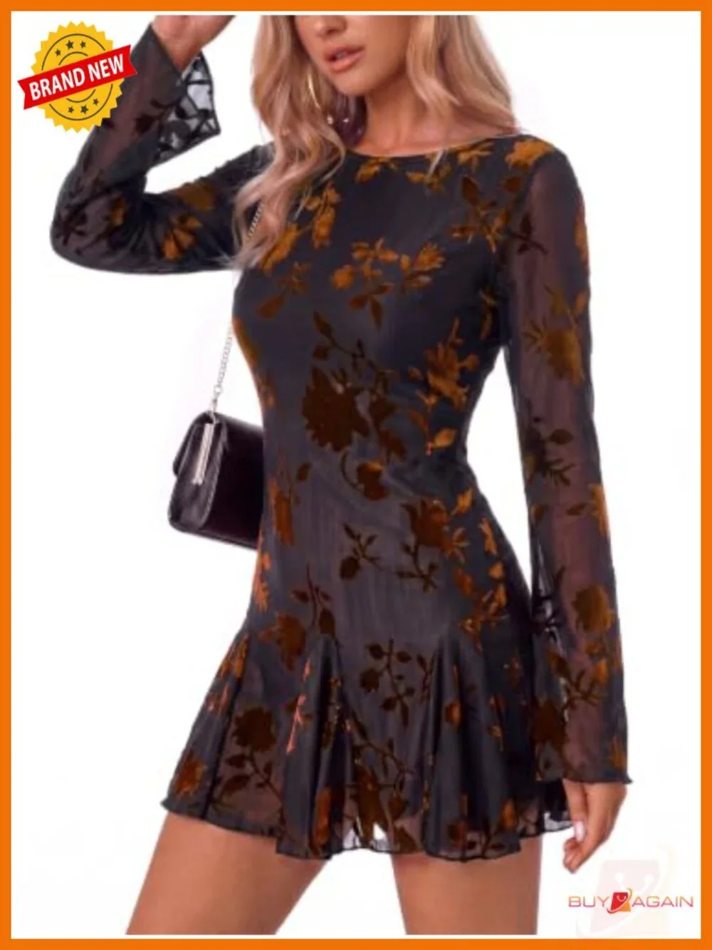 Womens Floral Jacquard Long Sleeve Mini Dress Sheer Sleeves A-Line Party